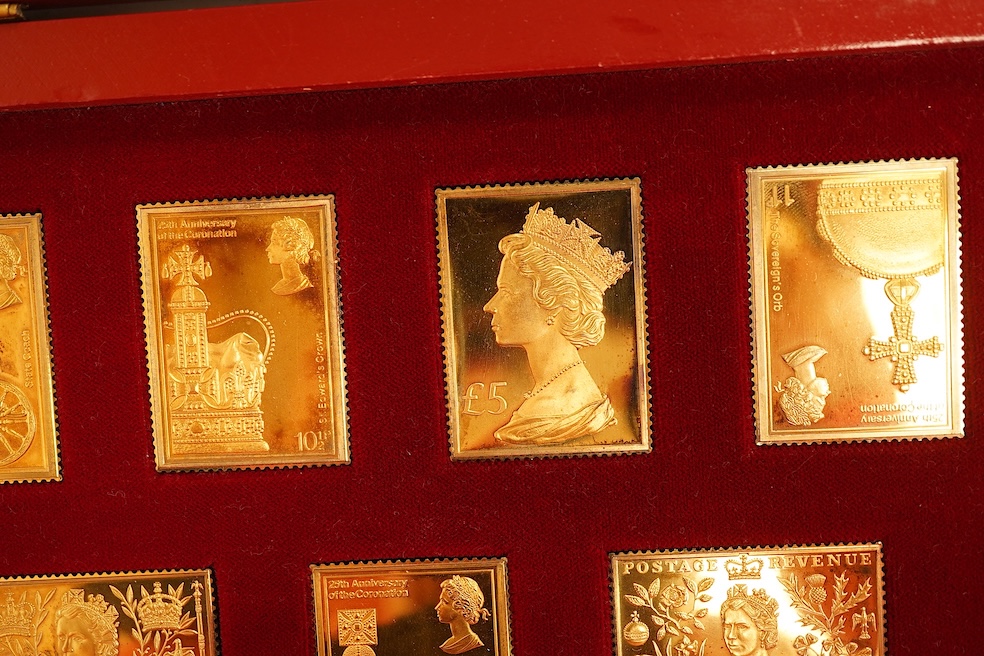 Hallmark Collections, 'The Coronation Issue 1953-1978' Collection of seven silver gilt replica stamps, in case with certificate